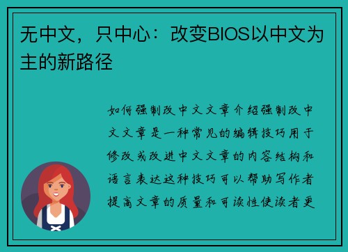 无中文，只中心：改变BIOS以中文为主的新路径
